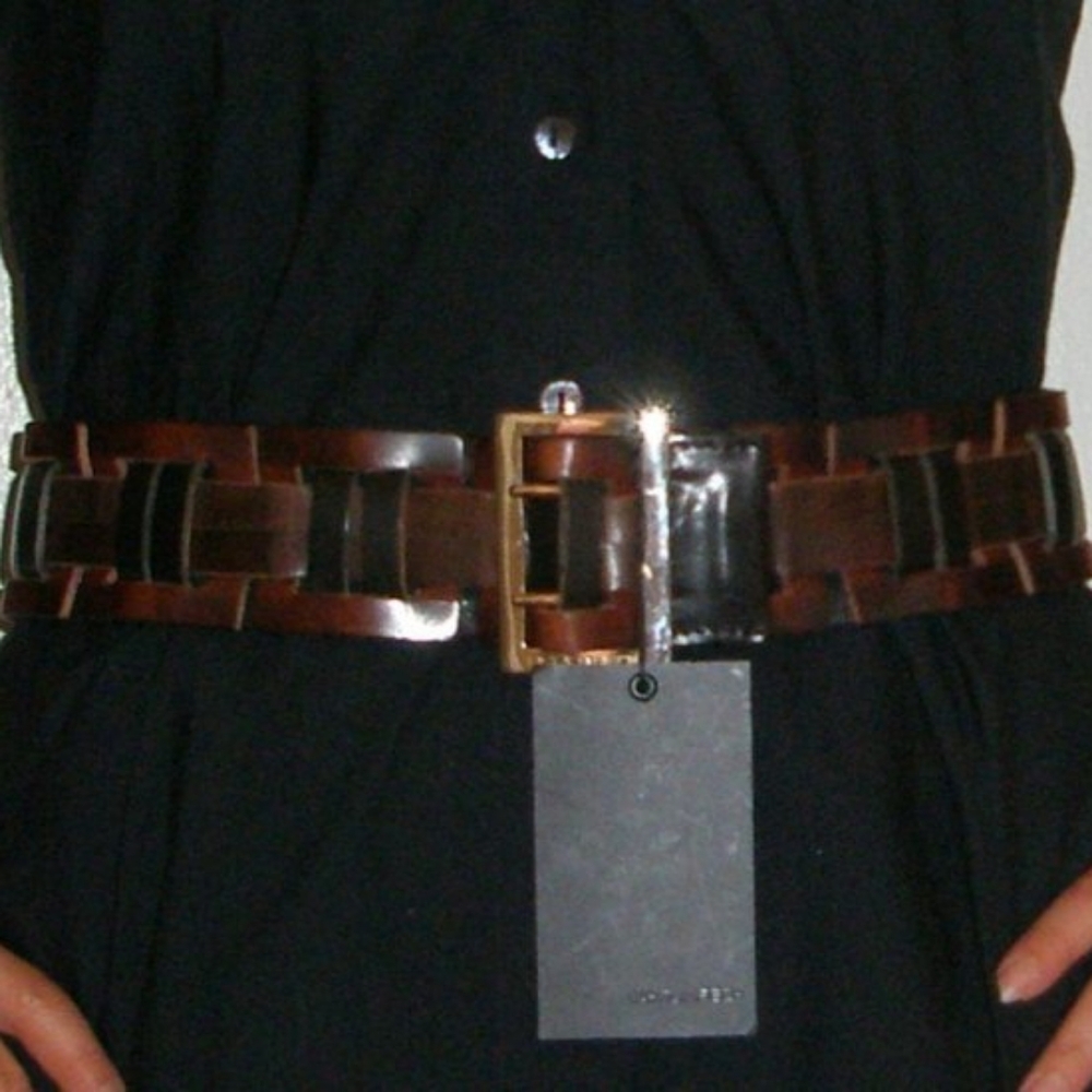 $495 D Squared woven leather double prong brown belt